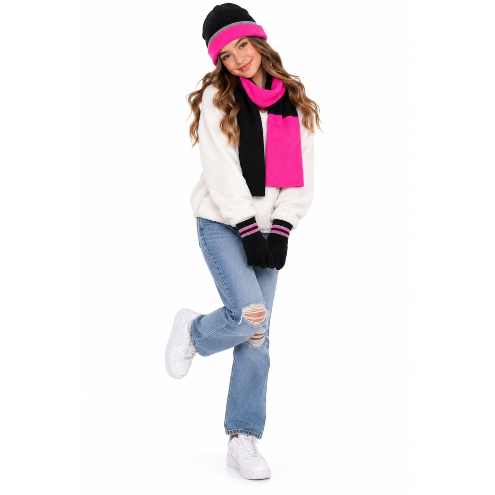 Girls Winter Beanie Scarf and Gloves 3 Piece Set Black Hot Pink Big Kids New